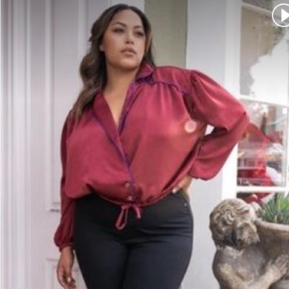 Soncy Cinch Waist Pajama Top in Wine Burgundy Red Blue Trim Size 14/16W NWT